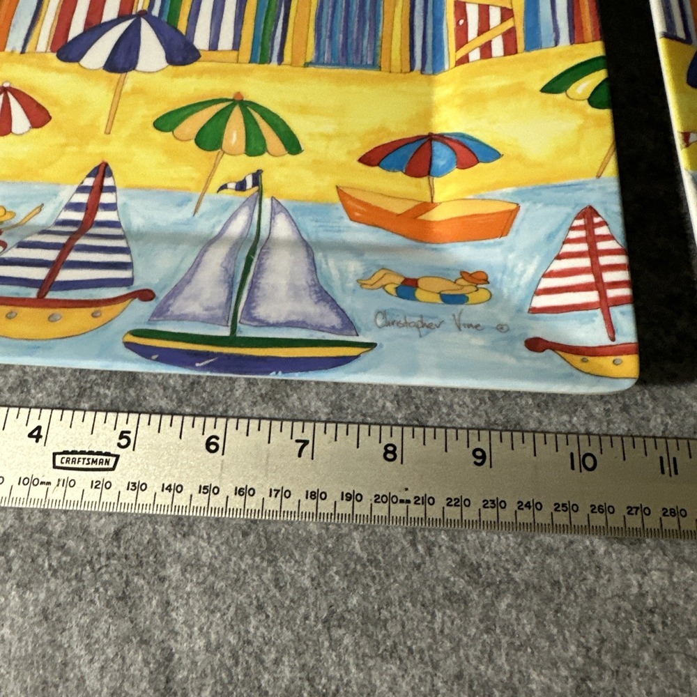 Melamine Sq Plate Set 4 Beach Scene Christopher Vine Plastic Dinner Nautical - Picture 4 of 11